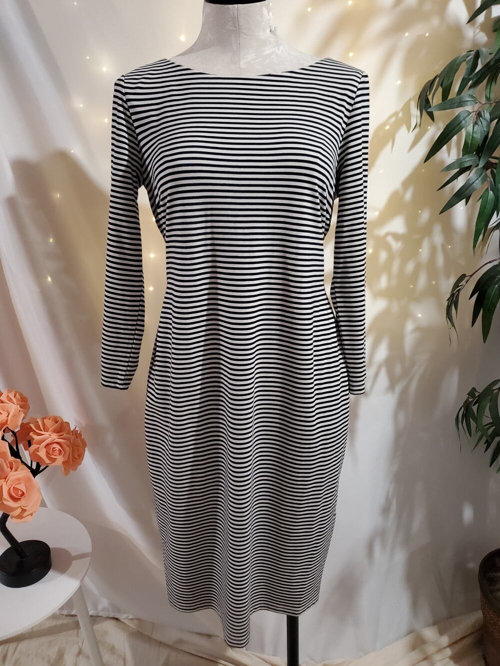 Max Mara Weekend Striped Long Sleeve Boat Neck Tie Dress Size L Black White